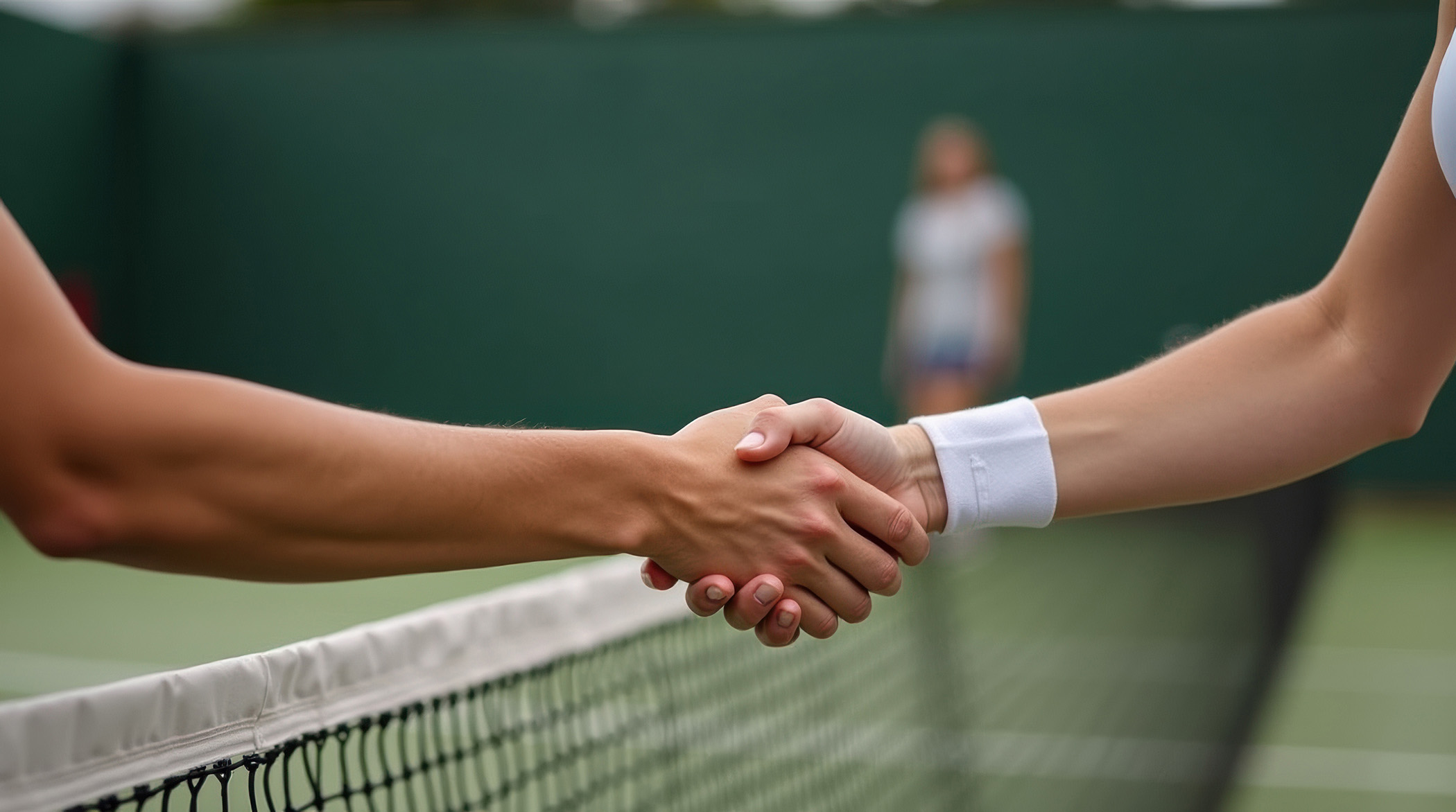 Close-up of a hand therapy patient shaking hands on a tennis court